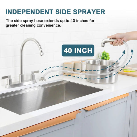 Brushed Nickel Kitchen Faucet With Sprayer, 2-Handle High Arc Sink Faucet with 40-inch side sprayer in use, 360 Degree Swivel