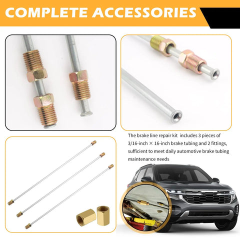 Rear Brake Line Kit Three Sixteenth Inch Steel Sixteen Inch With Inverted Dual Connectors And Two Fittings Beefed Up Brake Lines Repair Kit For Cars Trucks SUVs To Boost Braking Performance And Safety displayed with components and fittings