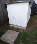Small outdoor shed with Rugged Steel Air Return Grille For 12 By 12 In Duct Opening With Louvers Screws Included, matte white finish.