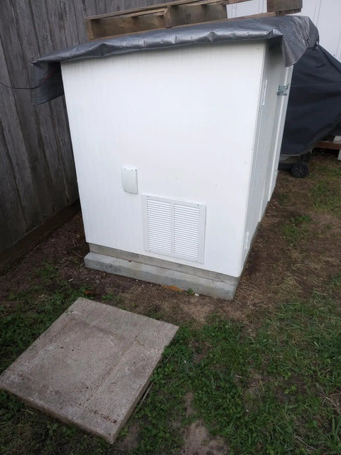 Small outdoor shed with Rugged Steel Air Return Grille For 12 By 12 In Duct Opening With Louvers Screws Included, matte white finish.