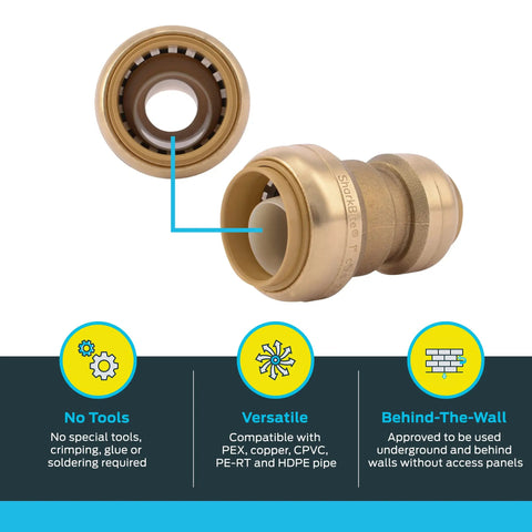 Three Quarters Inch To One Half Inch Reducing Brass Push To Connect Coupling, Pack Of 12, close-up view of fitting details