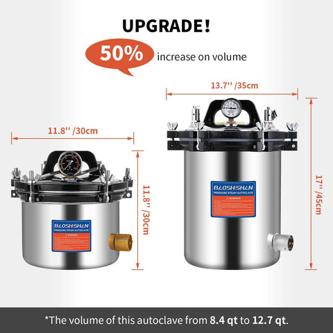 Front view of two Baoshishan 12L stainless steel steam autoclaves with top gauges and blue brand label.