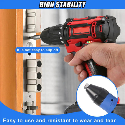 Rivet Gun Adapter Kit For Cordless Drill With Four Head Sizes 2.4mm 3.2mm 4.0mm 4.8mm Blue Pro Grade Heavy Duty with drill in use