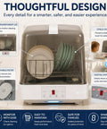 Top Shelf Portable Countertop Dishwasher With Attached Water Tank And Three Rapid Wash Cycles High Heat Clean For Dorms Apartments And Camper Vans Smooth Operator No Sweat Routine showing semi-transparent lid and digital display.