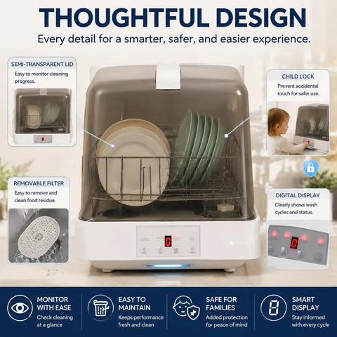 Top Shelf Portable Countertop Dishwasher With Attached Water Tank And Three Rapid Wash Cycles High Heat Clean For Dorms Apartments And Camper Vans Smooth Operator No Sweat Routine showing semi-transparent lid and digital display.
