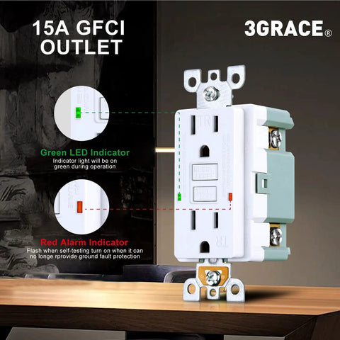 No-Fuss Tamper-Resistant GFCI Outlet With LED Indicator And Self-Test, 15 Amp 125 Volt 60 Hz Receptacle, UL Listed