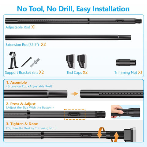 Adjustable Tension Curtain Rod No Drilling Extra Long 41 To 139 Inch Heavy Duty Black Anti Slip No Rust setup illustration