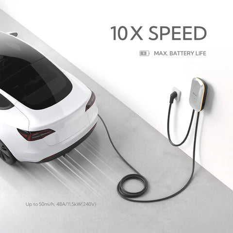 No Sweat Level 2 EV Charger 40 Amp 240V Home Wall Mount Electric Vehicle Plug In Station With Smart App Control And Rfid Card J1772 Nacs Super Quick Charge charging a white electric vehicle against a wall.