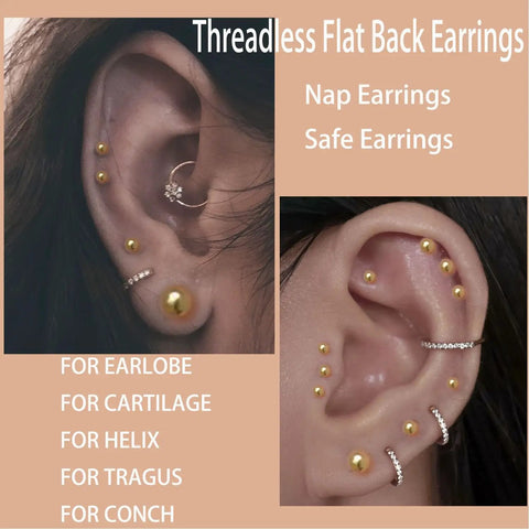Push In Flat Back 4mm Gold Ball Stud Earrings Hypoallergenic 14K Real Gold Plated Cartilage Helix Tragus Jewelry For Women And Men Easy On Off No Screw Back Everyday Comfort, gold threadless flat back studs on ear