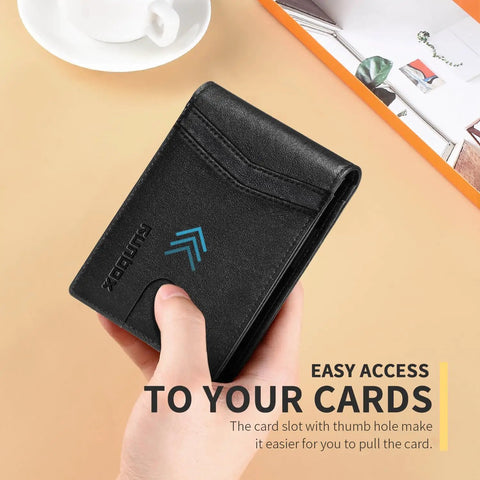 Grab This Slick Slim Bifold Wallet For Men Premium Leather Rfid Blocking Card Holder With Dual Id Windows And Easy Grip Slots Ultra Thin Back Pocket Friendly Everyday Carry Essentials Gift Box Included held in hand showing easy access card slot.