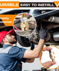 Brass Side Post To Top Post Battery Converter, 2-Piece Kit Of Long Stud Terminal Bolts with a mechanic installing parts.
