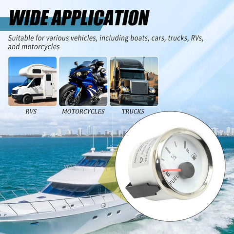Boat Gas Tank Fuel Level Gauge 73-10 Ohm Waterproof 52mm White Display With Night Light Universal 9-32V DC Marine RV Yacht Motorcycle Automotive Meter For Real Time Fuel Readouts on yacht