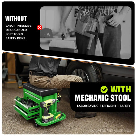 Rolling Mechanic Seat With 3 Drawers And Tool Tray 350 Lbs Capacity Green Heavy Duty Metal Frame Padded Cushion For Home Garage Auto Shop On Wheels With Locking Casters And Durable Steel Construction For Long Lasting Use, green with drawers