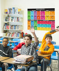 Classroom with students raising hands and two pack kid friendly educational math posters for classroom decor laminated large 13.5 by 39 inches geometry posters with lines shapes triangles angles and mathematics for teachers and students glue dots included on wall.