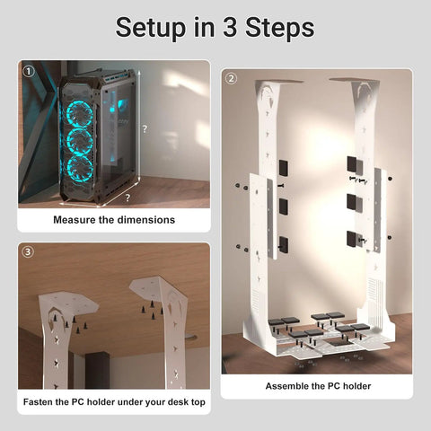 Setup instructions for Slick Under Desk PC Mount Bracket For Computer Tower Case Holder White Adjustable Frame.