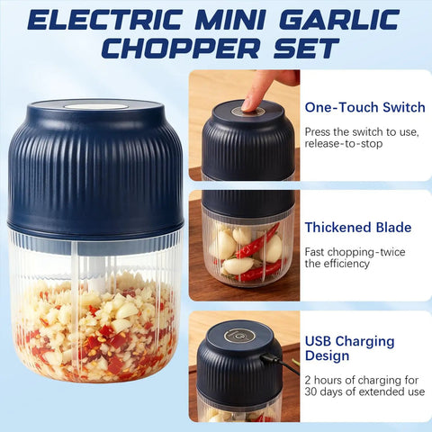 Portable Cordless Electric Garlic Chopper And Vegetable Dicer With 400ml Capacity For Onions Ginger Peppers showing USB charging design.