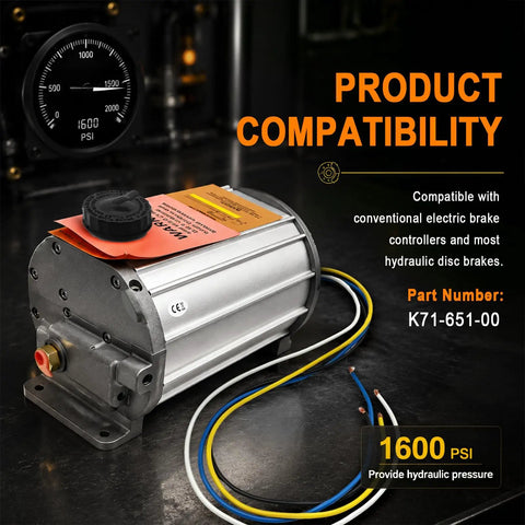 Heavy Duty Electric Hydraulic Brake Actuator 12 Volt Disc Brake Converter Kit 1600 Psi with hose and labels showing compatibility.