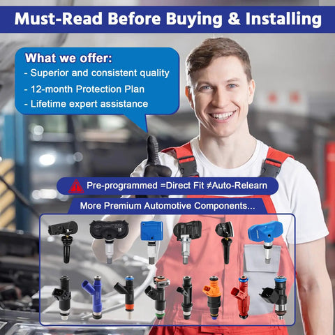 Worker giving a thumbs-up with tire pressure monitoring sensors on display, related to Four Pack TPMS Tire Pressure Monitoring Sensors Direct Replacement Fits Chevy Silverado 1500 Equinox Tahoe GMC Sierra 1500 Yukon Acadia 2007 To 2022 Dead On Fit Guarantee.