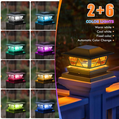 8 Pack Solar Post Cap Lights for Outdoor Deck and Garden, various color options on 4x4 wood posts with dusk to dawn glow