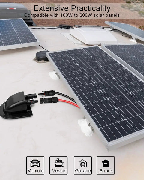Weatherproof Solar Cable Entry Gland And Junction Box For RVs Boats Campers Vans Homes Garages And Shacks Includes 10ft 10AWG Solar Extension Cable Connector For Easy Install And Durable Outdoor Power Setup installed with solar panels on RV roof.
