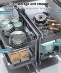 Blind Corner Cabinet Pull Out Organizer with Rotate Turntable Lazy Susan, showing double-layered baskets with dishes and cookware.