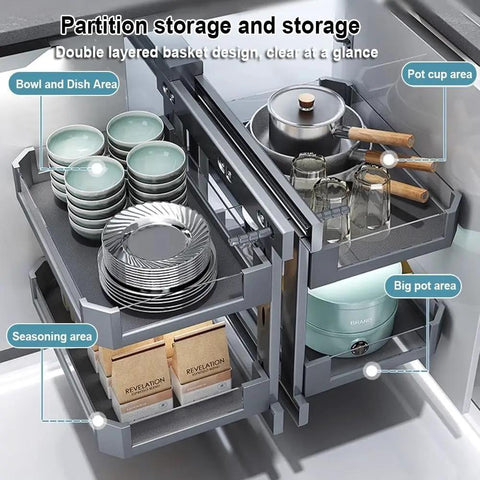 Blind Corner Cabinet Pull Out Organizer with Rotate Turntable Lazy Susan, showing double-layered baskets with dishes and cookware.