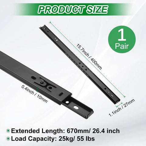 Soft Close Drawer Slides, 15.7 Inch Full Extension Ball Bearing Rails For Cabinets And Furniture, diagram showing size and capacity