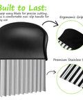 Amazon crinkle cutter, front view: large stainless steel wavy blade with black ergonomic plastic handle