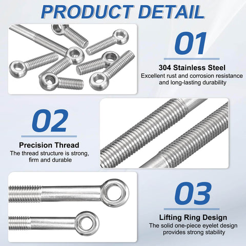 4-Pack M5 X 60mm Lifting Eye Bolts, 304 Stainless Steel Industrial Grade Eyebolts, showcasing features and design details.