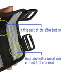 Inner view of black golf elbow brace showing ventilated mesh with real time bend warning mechanism. Elbow Brace For Golf Swing Training Aid And Posture Correction Tool For Beginners Non Slip Wear Around The Elbow With Real Time Bend Warning To Keep Your Swing Straight Consistent And Game Ready.