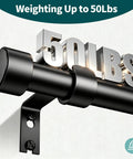 Heavy Duty Adjustable Curtain Rod For Windows 72 To 144 Inch 1 Inch Diameter Black Extra Long Modern Design Easy Install Sturdy Steel Holds Up To 50 Lbs No Sag Ideal For Velvet Or Blackout Curtains showcasing 50 lbs support strength.