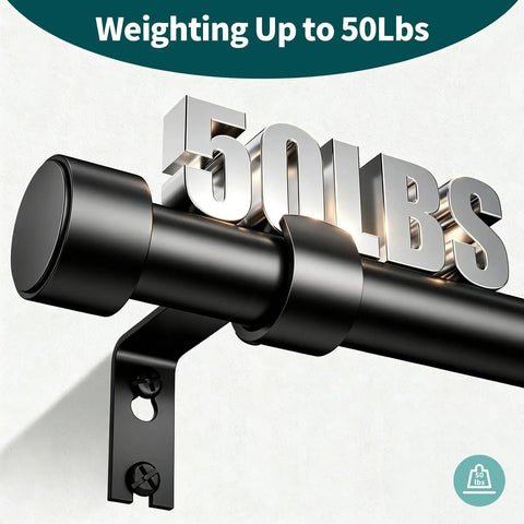 Heavy Duty Adjustable Curtain Rod For Windows 72 To 144 Inch 1 Inch Diameter Black Extra Long Modern Design Easy Install Sturdy Steel Holds Up To 50 Lbs No Sag Ideal For Velvet Or Blackout Curtains showcasing 50 lbs support strength.
