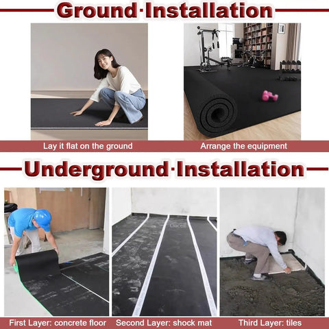 Ground and underground installation steps for Badass Black Acoustic Foam Sound Absorbing Mat For Game Changer Noise Blocking.