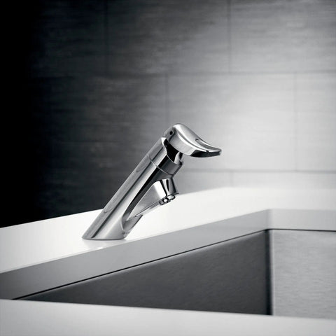 Commercial M-Press Chrome One-Hole Bathroom Faucet For Public Restrooms with boss-level handle, rugged metal build, mirror finish