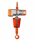 Front view of 1 Ton Electric Chain Hoist With 20 Ft Lift Height, 2200 Lb Capacity, G80 Chain, orange hook, industrial-grade