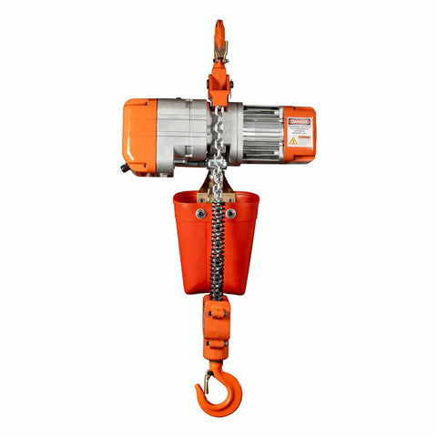 Front view of 1 Ton Electric Chain Hoist With 20 Ft Lift Height, 2200 Lb Capacity, G80 Chain, orange hook, industrial-grade