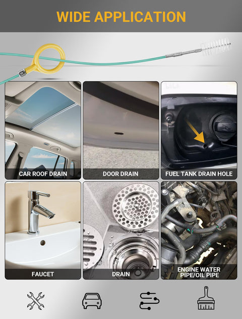 Visual guide showcasing wide applications for 120 Inch Auto Sunroof Drain Cleaning Tool With Flexible Steel Wire PVC Tube Brush For Car Sunroof And Windshield Wiper Drain Holes No Nonsense Long Reach Dredging Cleaner For Narrow Pipes