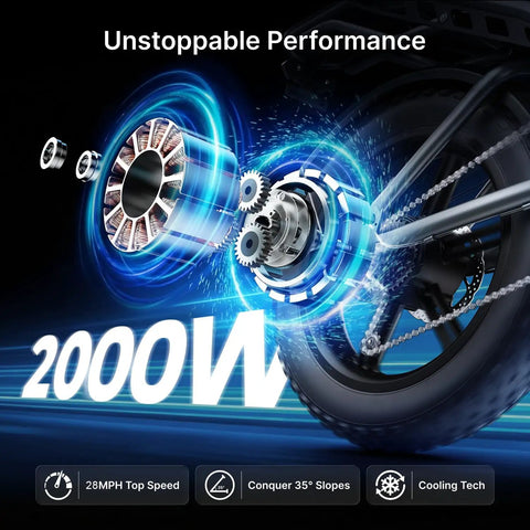 Beast Mode High Torque Electric Bike For Adults With 2000W Peak Motor And 28 MPH Top Speed, motor and tire detail