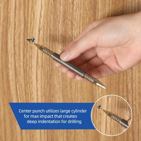 Using Beefy Dual Head Nail Setter And Hinge Pin Punch Set Kit on wood surface, close-up of tool impact at contact point.