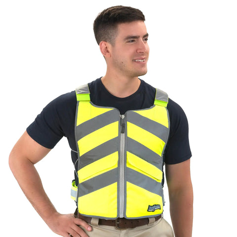 Man wearing hi-vis yellow Professional Ice Vest Cooling System with 96 pure water ice cubes for workouts and heat relief