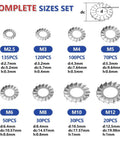 555 Piece 304 Stainless Steel External Tooth Star Lock Washer Set showing various sizes for heavy duty fastening