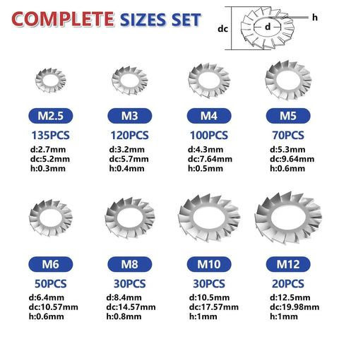 555 Piece 304 Stainless Steel External Tooth Star Lock Washer Set showing various sizes for heavy duty fastening