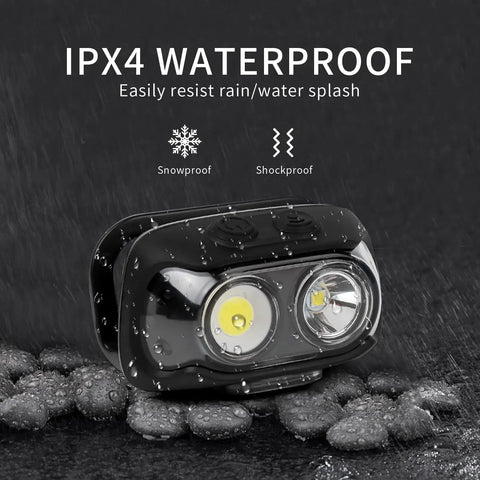 IPX4 waterproof Rechargeable LED Headlamp With Motion Sensor, 5 Modes, Hands Free Headlight in rain with water droplets