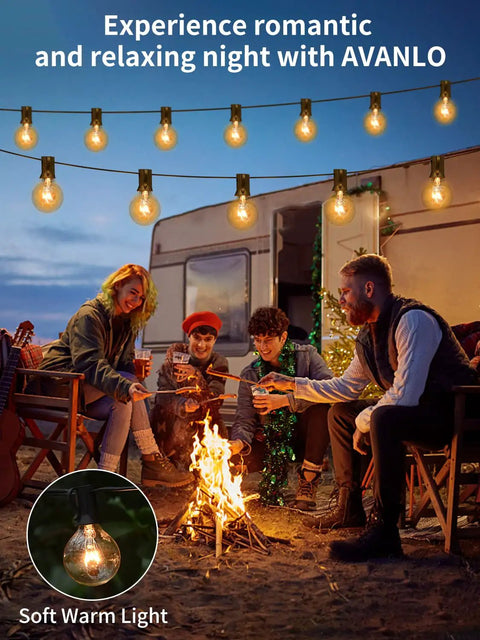 Two Pack 100Ft Outdoor String Lights Dimmable G40 Globe Bulbs Waterproof Patio Lights For Backyard Party Vibes Cafe Wedding Christmas Decor 54 Bulbs Each, Easy Hanging, UL Listed illuminating evening gathering by campfire.