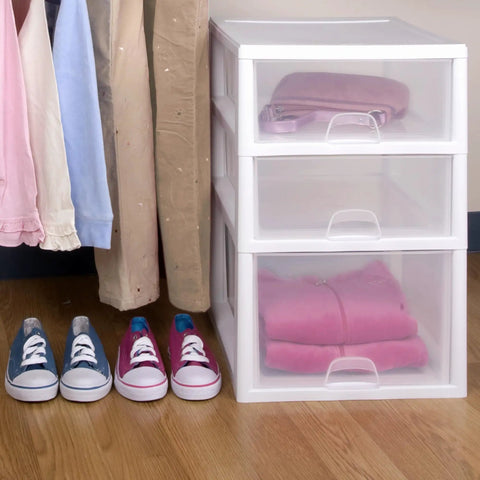6 Pack 16 Quart Stacking Storage Drawers For Closet Organization, Clear Plastic Modular Drawers With White Frame shown filled