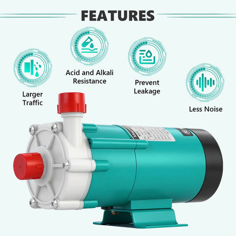 Built Tough Circulating Water Pump 507 GPH 110V Plug magnetic drive with red outlet cap and polypropylene body for chemical transfer.