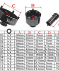 13 Piece Spindle Nut Socket Kit For Ball Joints And Axle Locknuts With 4 Teeth Exterior shown with size chart