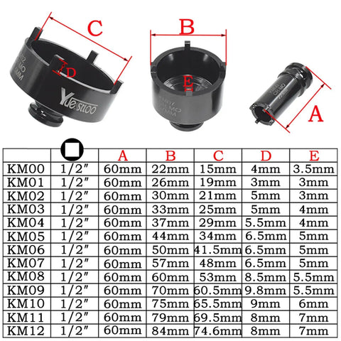 13 Piece Spindle Nut Socket Kit For Ball Joints And Axle Locknuts With 4 Teeth Exterior shown with size chart