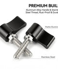 Heavy Duty L Handle Thumb Screw Kit 6 Pack M5 And M6 Camera Screws with aluminum knobs and stainless steel threads.
