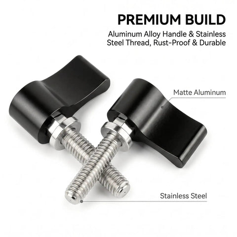 Heavy Duty L Handle Thumb Screw Kit 6 Pack M5 And M6 Camera Screws with aluminum knobs and stainless steel threads.